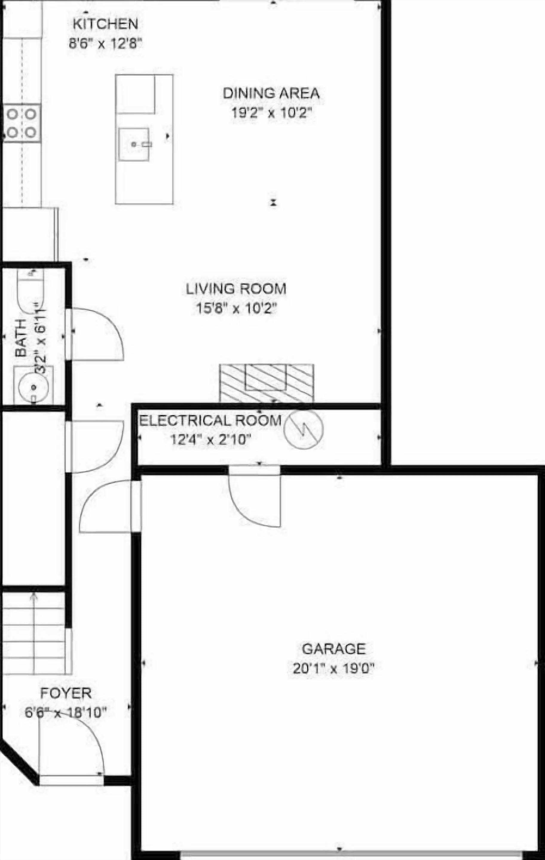 Ein Grundriss mit einer Küche (2,6 m x 3,9 m), einem Essbereich (5,8 m x 3,1 m), einem Wohnzimmer (4,8 m x 3,1 m), einem Technikraum (3,7 m x 0,8 m), einer Garage (6,1 m x 5,9 m) und einer Eingangshalle (1,9 m x 5,7 m).