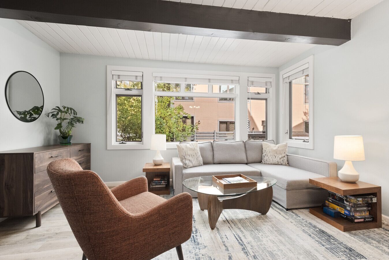 Smart TV, chimenea y libros 