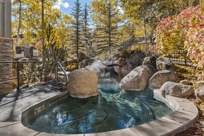 A hot spring area with a pool, rocks, and a no diving sign.