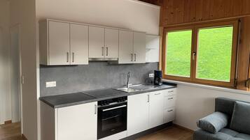 Fridge, stovetop, dishwasher, coffee/tea maker