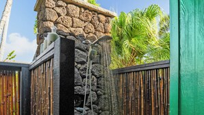 A stone wall with a water feature, bamboo fencing, and tropical plants. - 3BR Poipu Kai home 5 min walk to beach and pool summer deals (KOLOA)