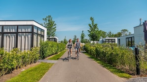 A pathway flanked by greenery and modern buildings, likely part of a residential or commercial complex. - Holiday Home in Breskens With Garden (Breskens)