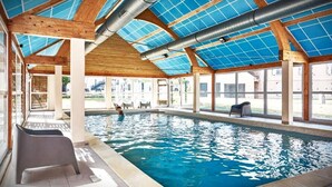 An indoor swimming pool with a wooden ceiling and large windows. - Grand Studio Dans Résidence 3 Étoiles (Le Mée-sur-Seine)