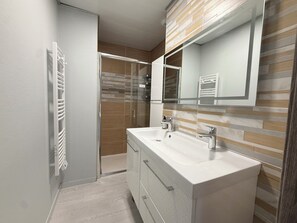 Shower, towels, toilet paper
