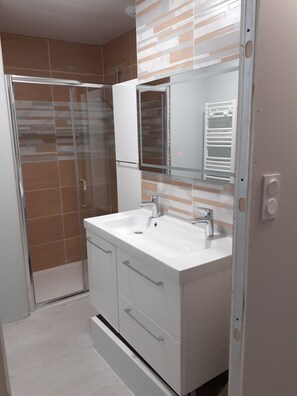 Shower, towels, toilet paper