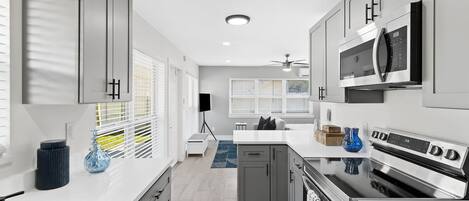 Fridge, microwave, oven, dishwasher