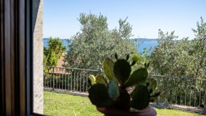 A view from a window with a potted plant in the foreground, a metal fence, and a body of water with trees in the background. - Olivetello - Three Bedroom Villa, Sleeps 7 (Trevignano Romano)