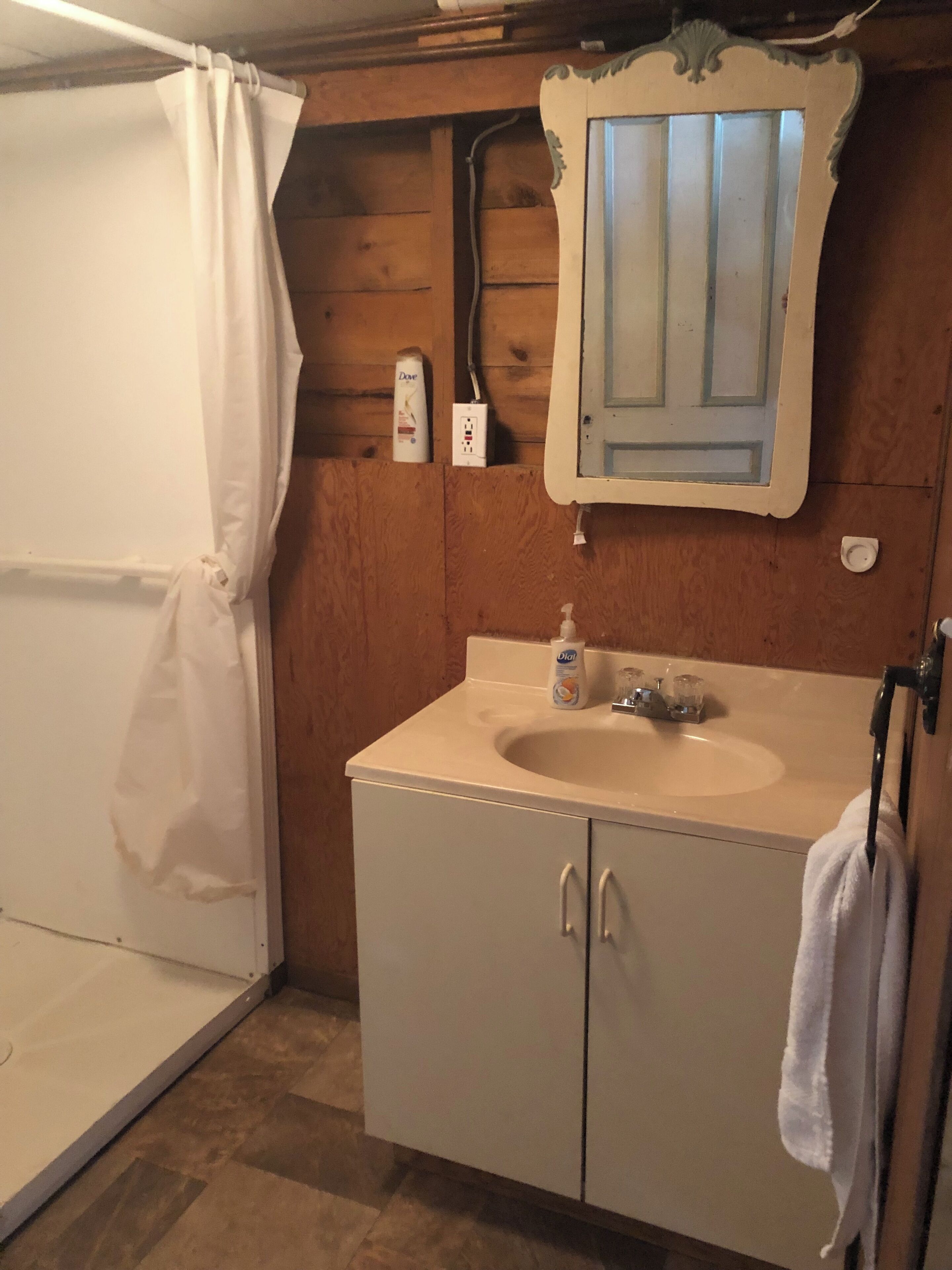 Een badkamer met een douche, een wastafel en een spiegel.
