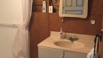Een badkamer met een douche, een wastafel en een spiegel.