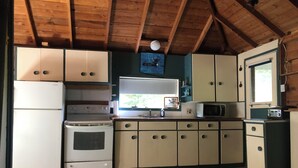 A compact kitchen with wooden cabinets, a stove, a microwave, and a window with a view of greenery.