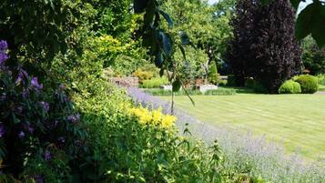 A lush garden with a variety of plants and flowers, a well-maintained lawn, and a stone wall in the background.