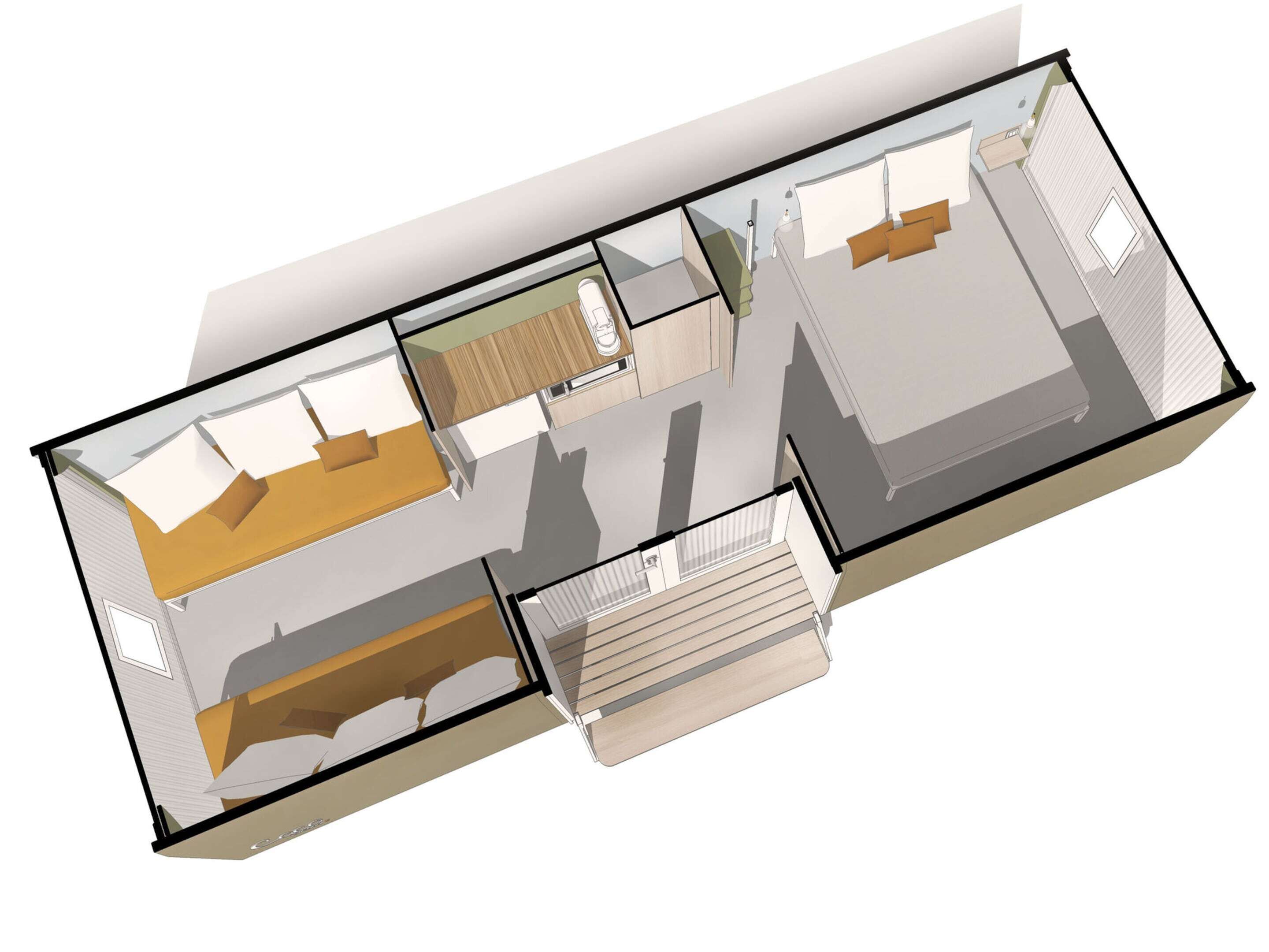 En 3D-plantegning af et hotel med flere værelser, et køkken og en balkon.