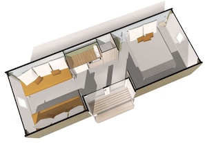A 3D floor plan of a hotel with multiple rooms, a kitchen area, and a balcony. - Lakefront Glamping w/ Views (Tuoro sul Trasimeno)