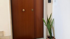A wooden double door with a doormat and a potted plant beside it. - Three bedrooms, two bathrooms near St peter's Cathedral Area (Roma)