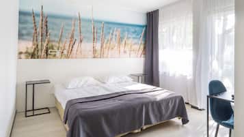 1 bedroom, desk, laptop workspace, blackout curtains