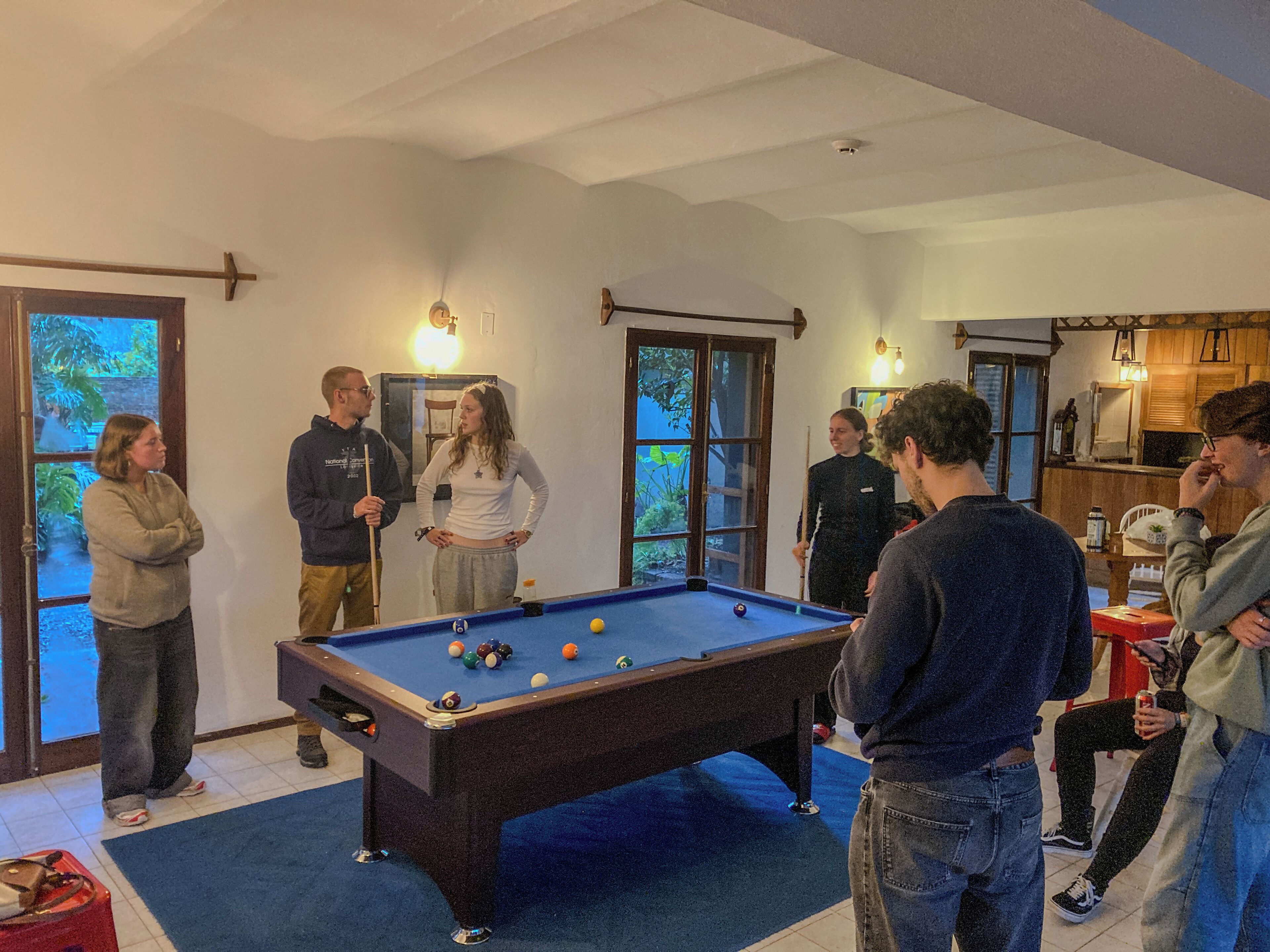 A pool table in a room with a blue carpet, wooden furniture, and a view through a window.