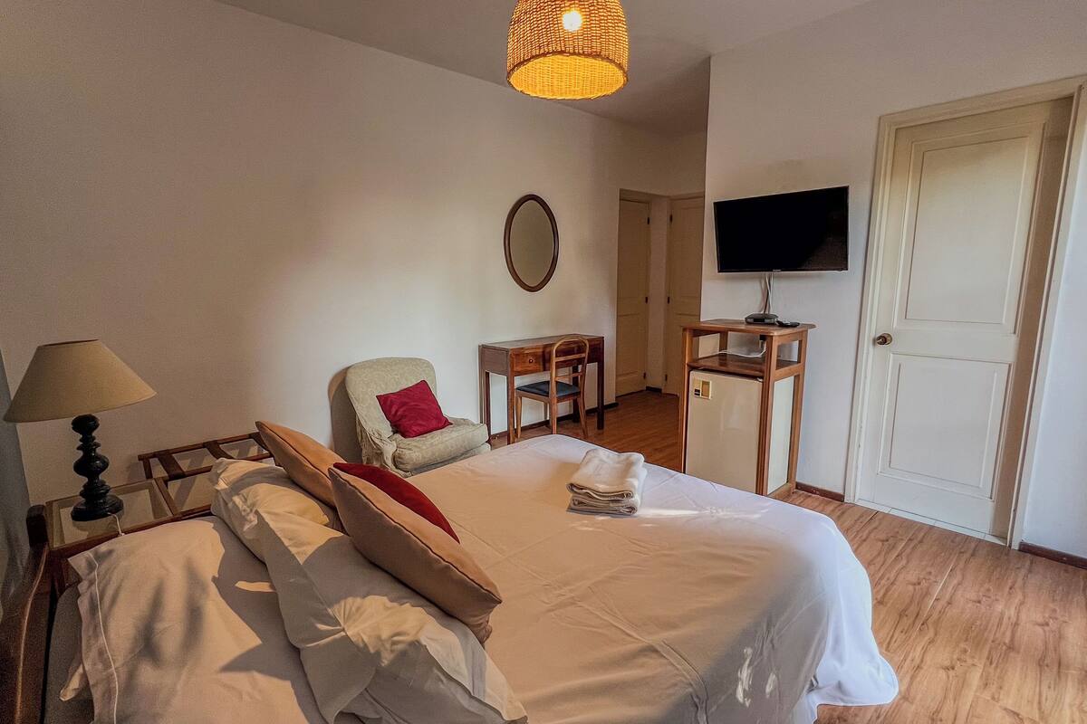 Een hotelkamer met een bed, een stoel, een bureau, een televisie en een deur.