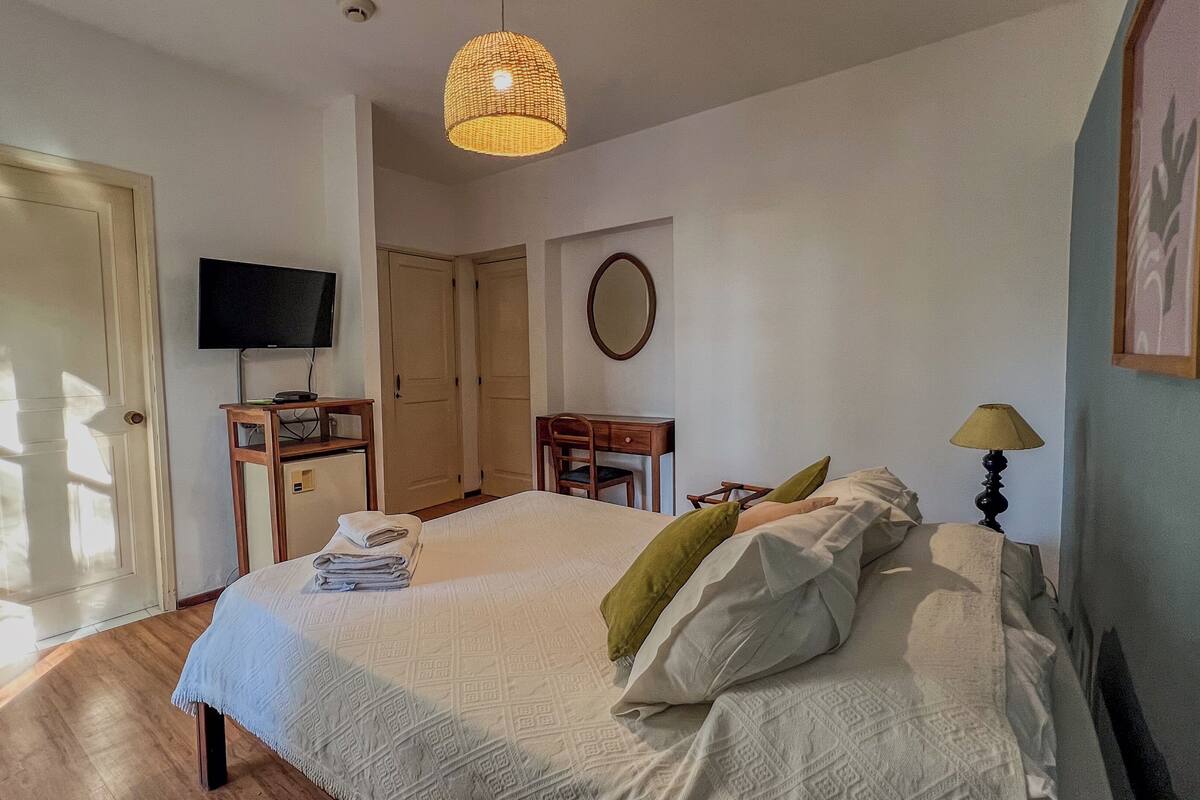 Een slaapkamer met een bed, een bureau, een stoel, een televisie en een kledingkast.