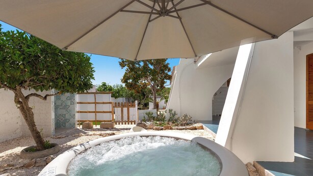 A spa area with a hot tub, an umbrella, and a small tree.