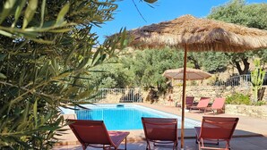 A pool area with lounge chairs and a thatched umbrella. - Villa Finca el Carril, Geweldige Locatie! (Vélez de Benaudalla)