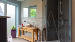 Shower, hair dryer, towels