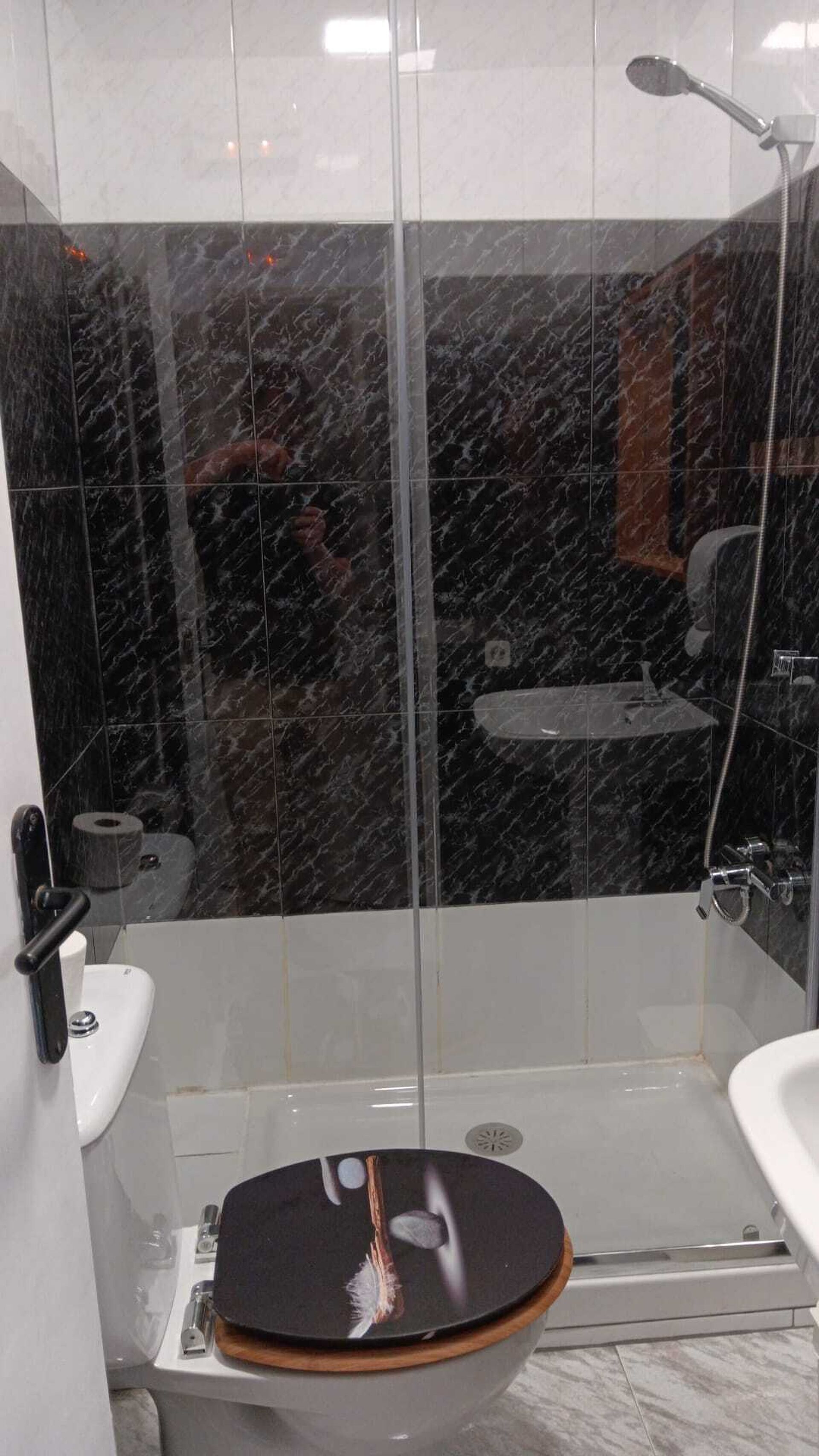 Une salle de bain avec des toilettes, une douche et un lavabo.
