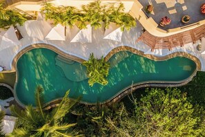 Una piscina grande y de forma peculiar rodeada de abundante vegetación y estructuras blancas.
