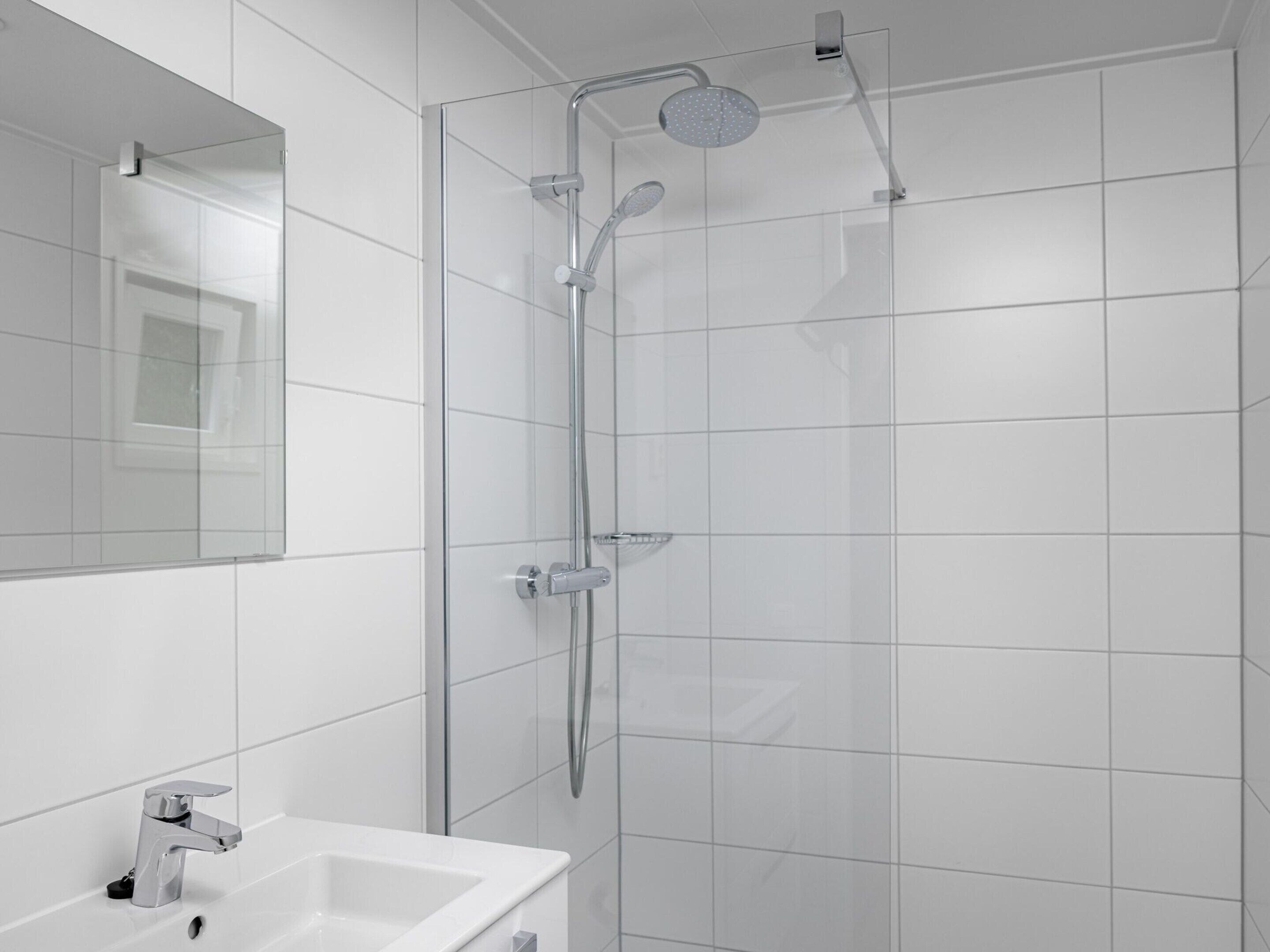 A modern bathroom with a glass shower enclosure, a white sink, and a mirror.