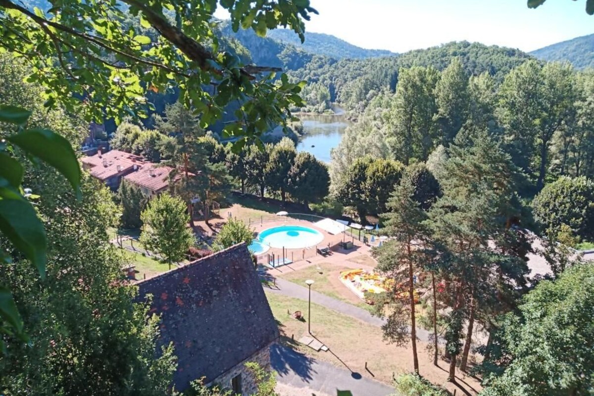 Une piscine entourée d’arbres, avec une montagne en arrière-plan.