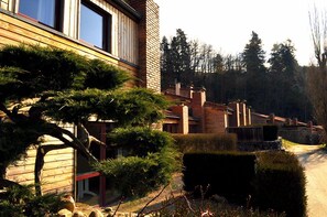 A modern house with a wooden exterior, a brick chimney, and a well-maintained garden with a pine tree and shrubs. - Olydea Vorey sur Arzon (Vorey)