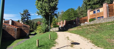 Un camino de grava que lleva a un edificio con muro de piedra y revestimiento de madera, rodeado de follaje y árboles.