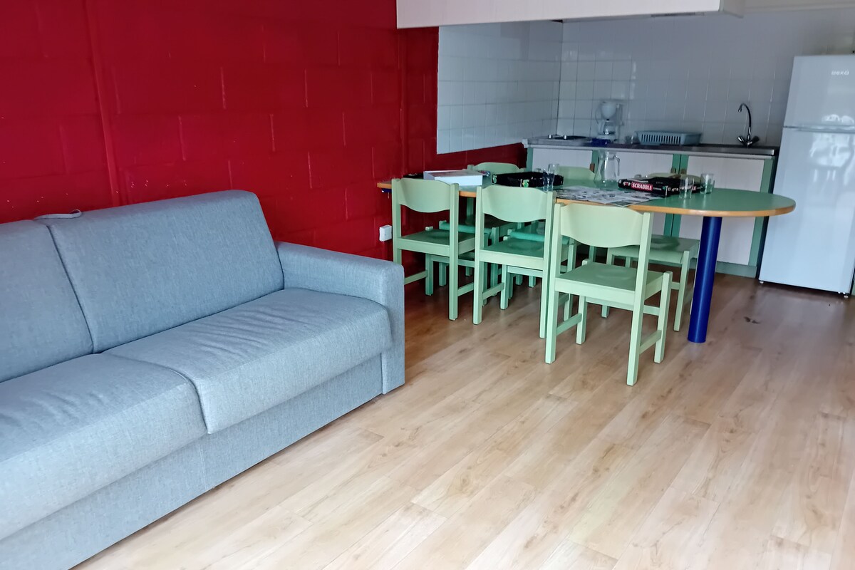 A compact living space with a grey sofa, a dining table with chairs, and a kitchenette area.