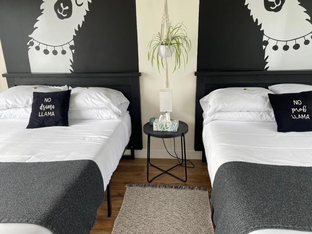 A hotel room with two beds, each with a pillow that reads "NO drama llama." A small table with a plant and a lamp is between the beds.