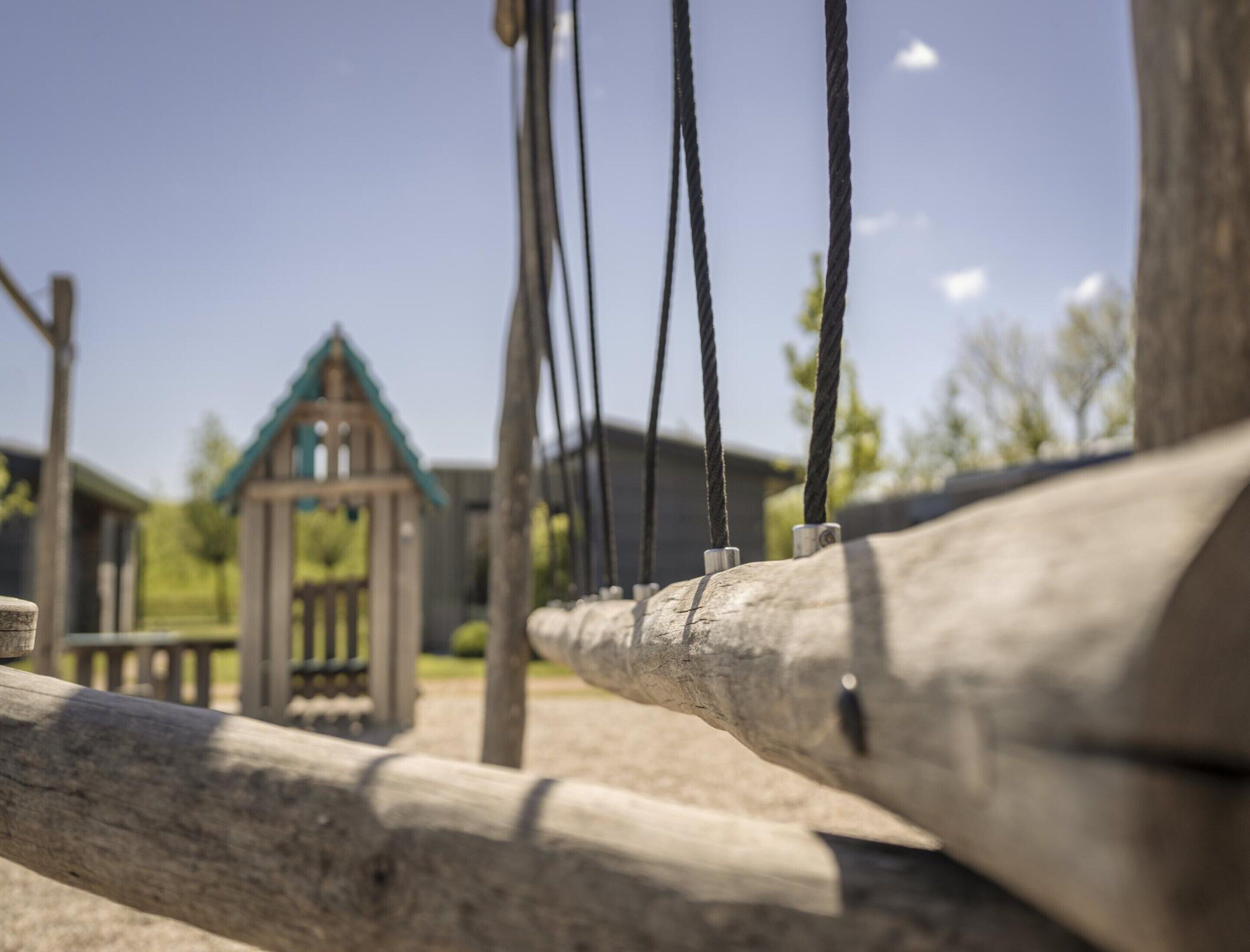 Une balançoire en bois avec des cordes, et une structure en bois en arrière-plan.