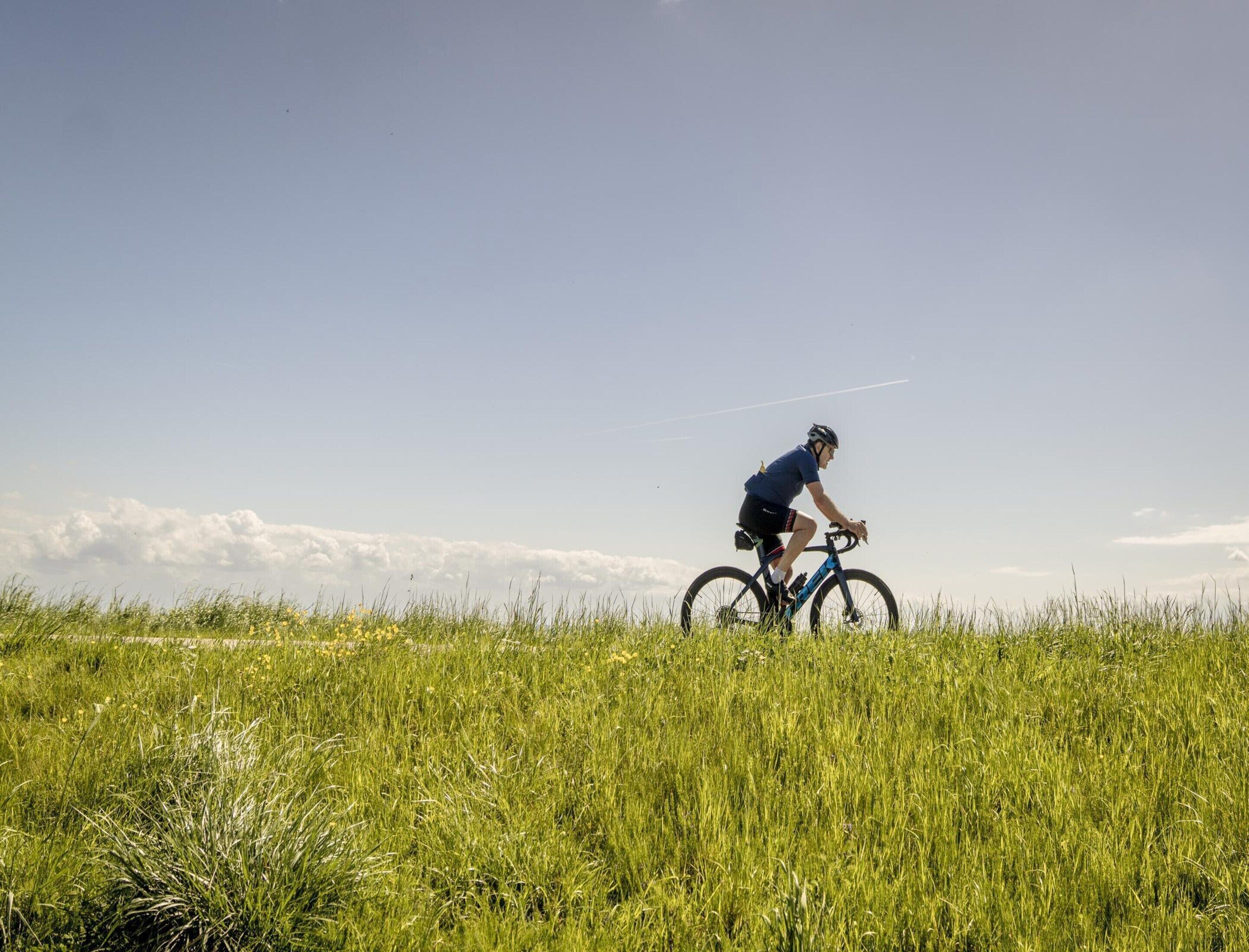 Una persona montando en bicicleta por un campo lleno de hierba, bajo un cielo despejado.
