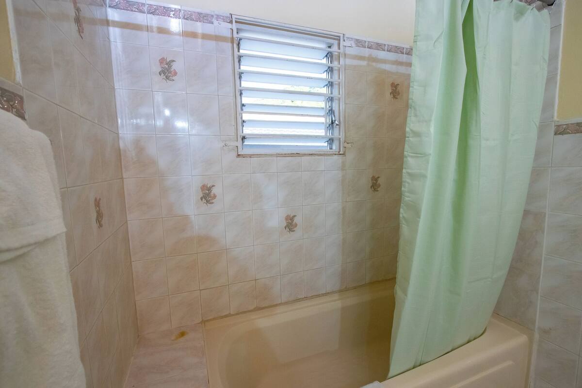 Een badkamer met een bad, een raam met horizontale zonwering, en een groen douchegordijn.