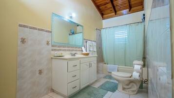 Shower, towels, soap, toilet paper