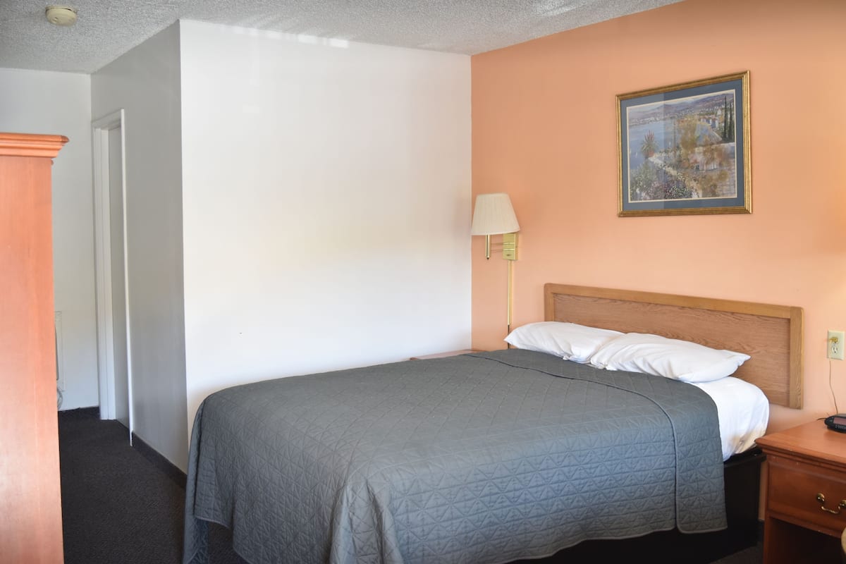 A hotel room with a single bed, a nightstand, a lamp, and a framed picture on the wall.