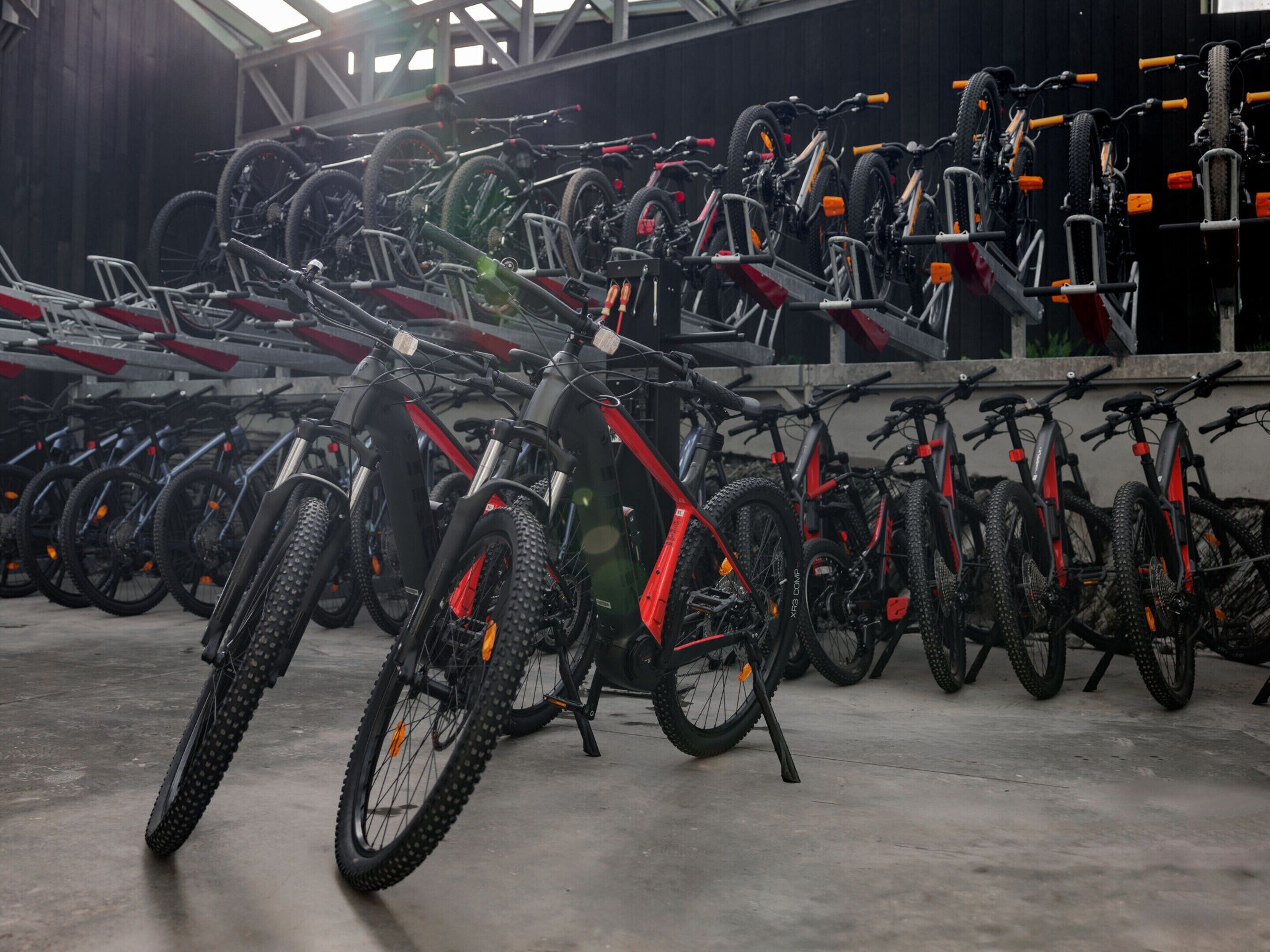 Ruime, overdekte fietsenstalling met meerdere fietsen op rekken.