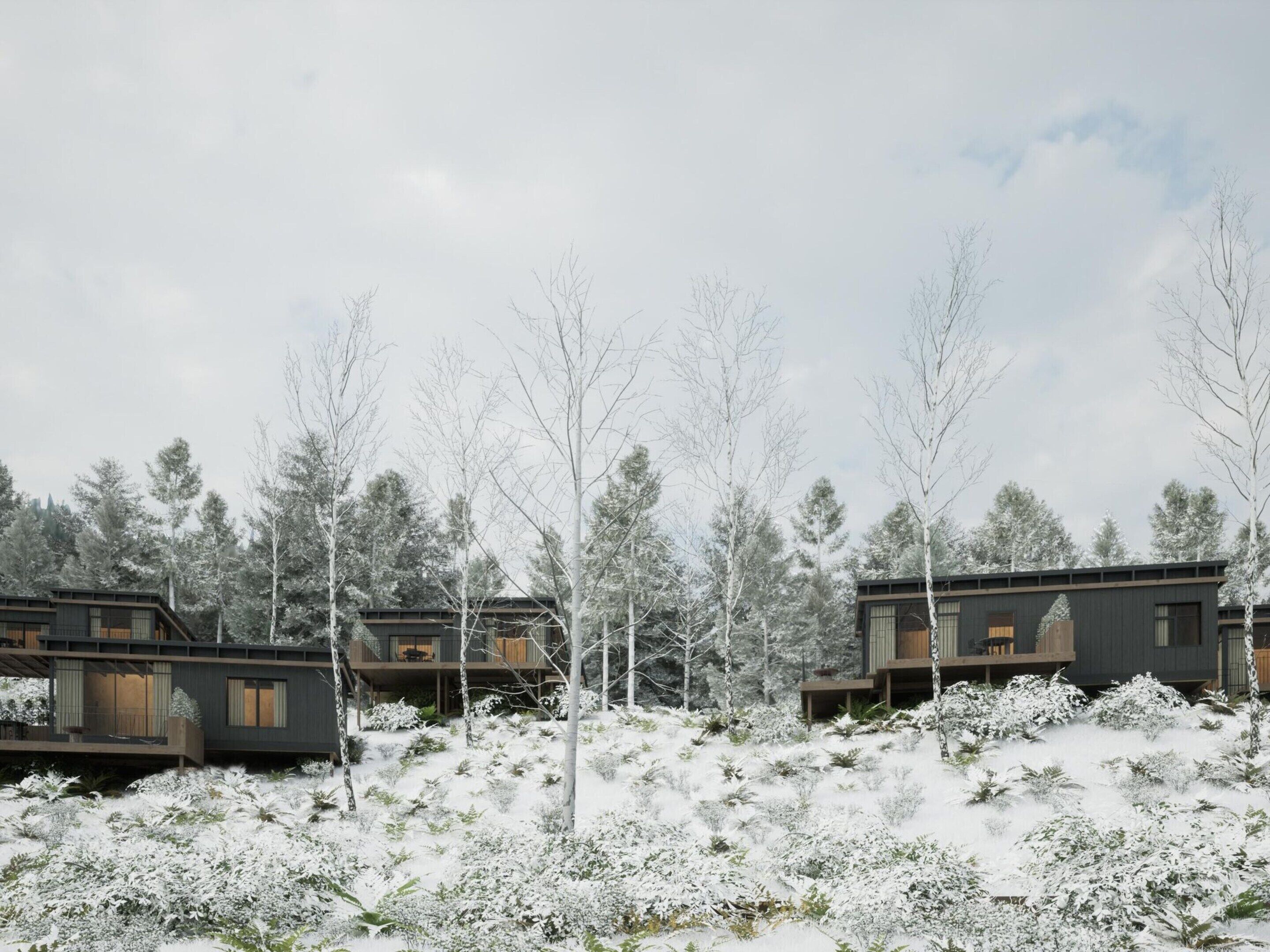Un bâtiment moderne de style cabane, doté d’un toit plat et de grandes fenêtres, entouré d’arbres et d’arbustes couverts de neige.