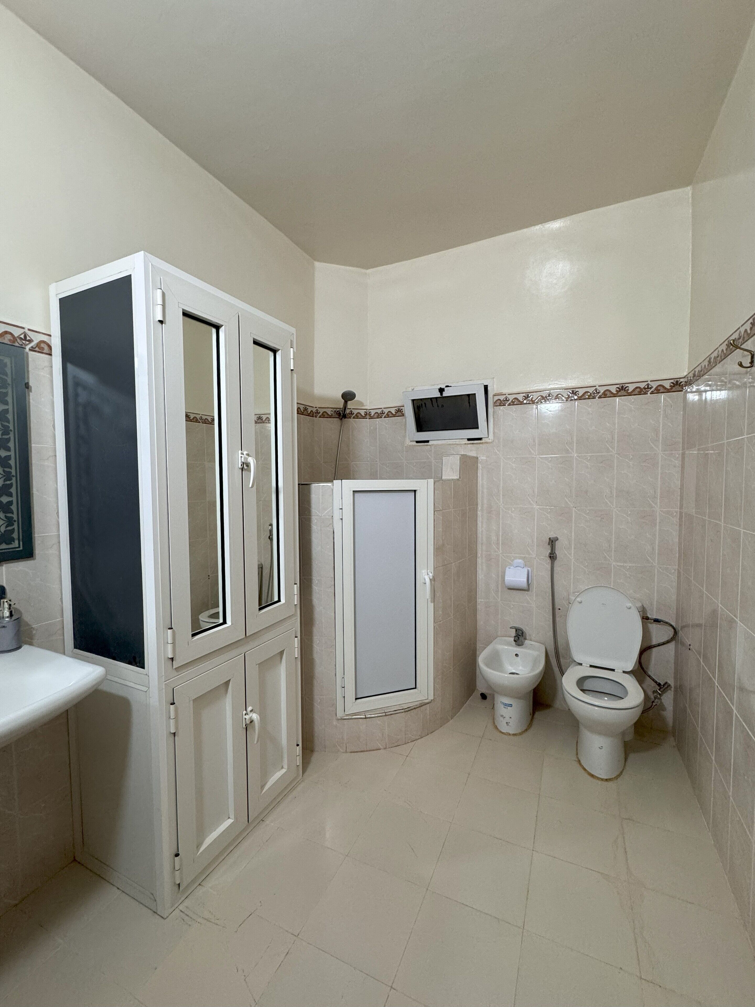 A bathroom with a toilet, bidet, and a shower stall.