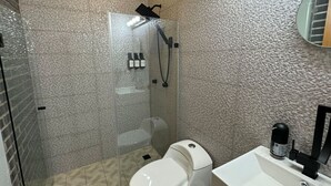 A bathroom with a glass-enclosed shower, a toilet, and a sink with a mirror.
