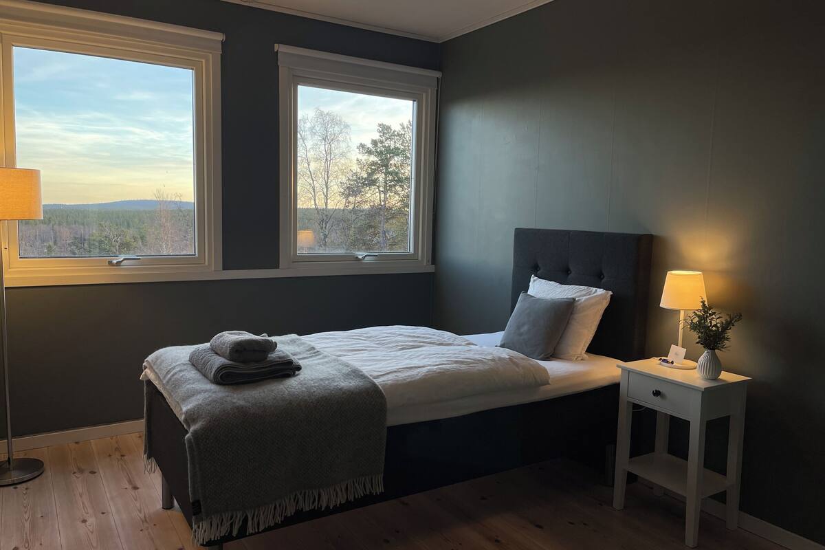 A bedroom with a bed, two windows, a bedside table with a lamp, and a view of trees and hills.