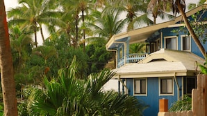 A two-story house with a blue exterior and a white roof, surrounded by lush greenery and palm trees. - Kehena Black Sand Beach House - ocean view - swim spa (Pahoa)