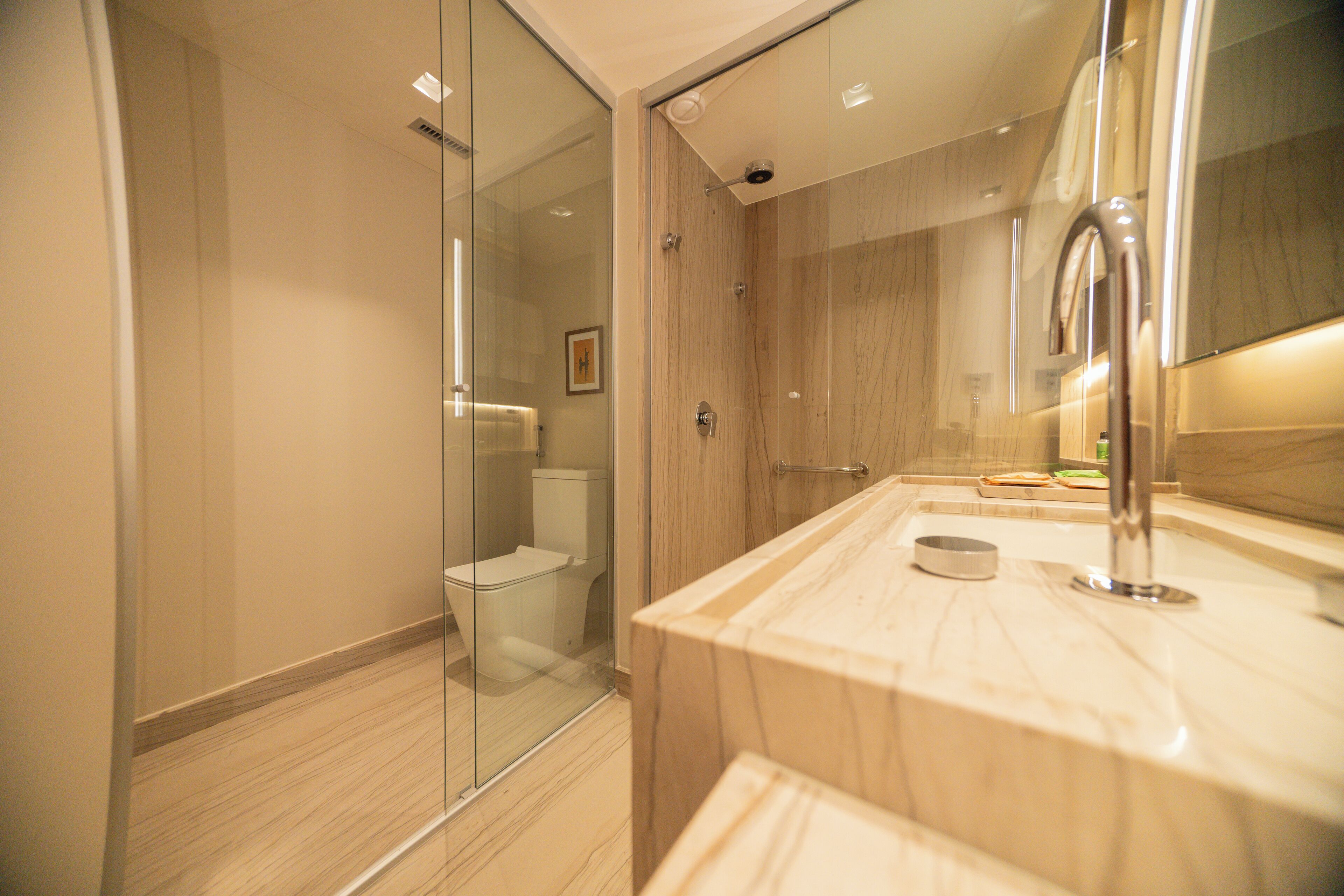 Banheira e chuveiro separados, chuveiro com efeito de chuva