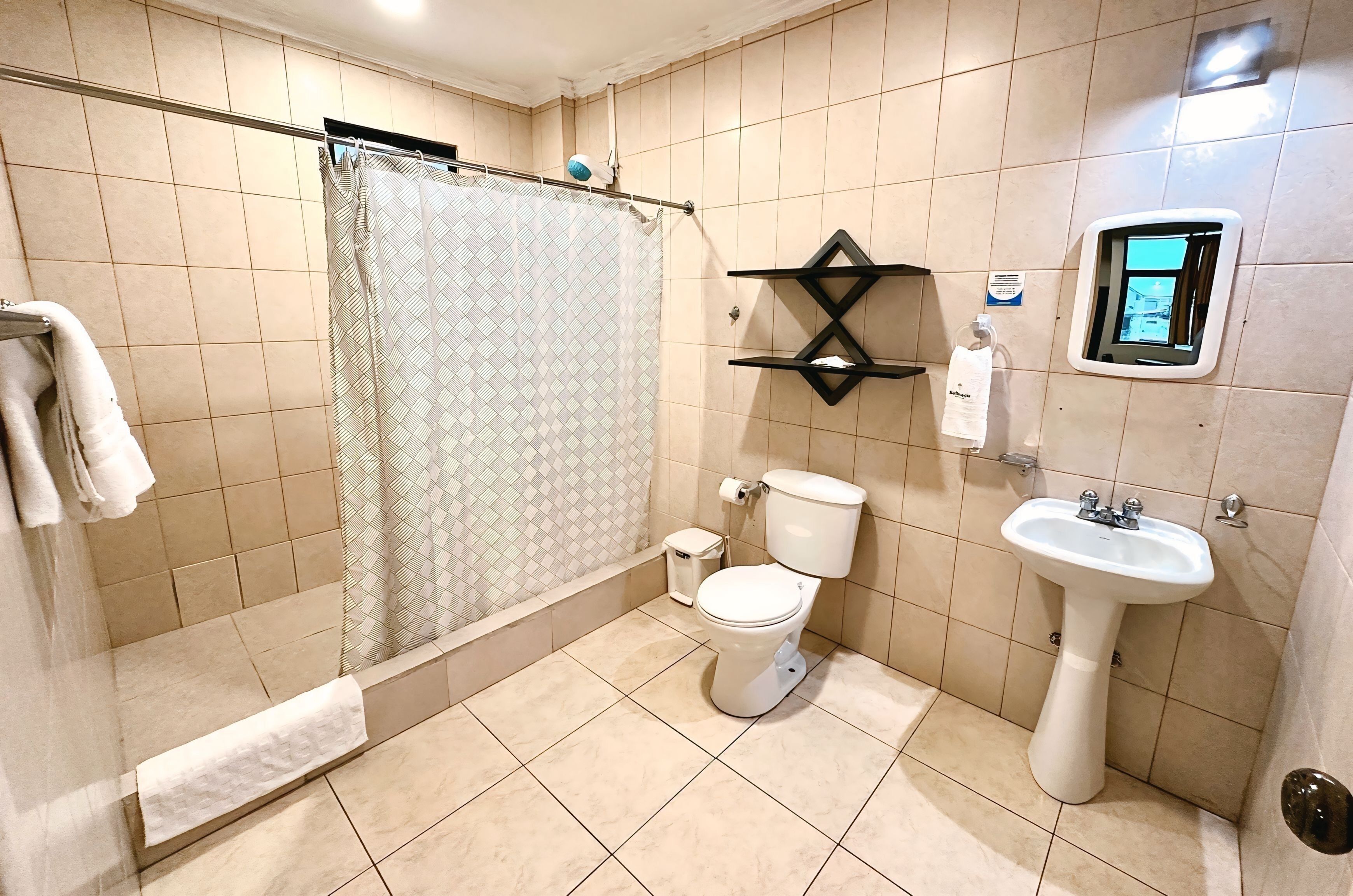 Hair dryer, towels, soap, shampoo