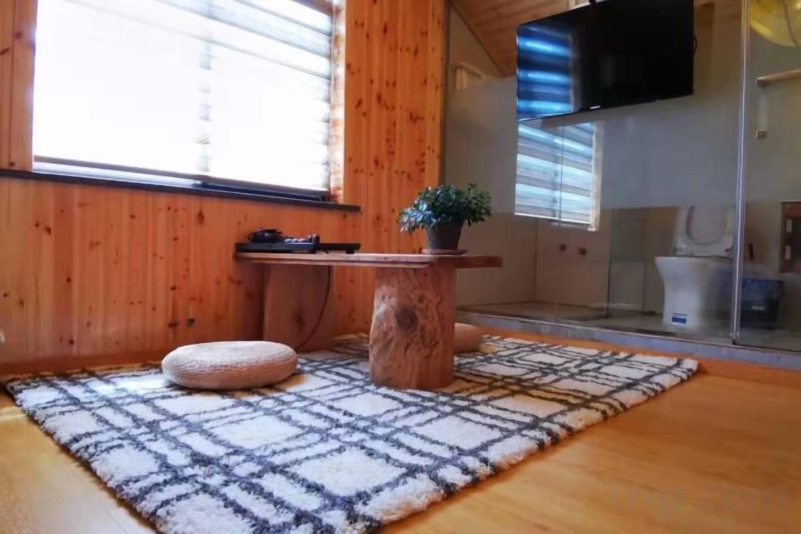 A room with a tatami mat floor, a wooden table with a plant, a television mounted on the wall, and a sliding door leading to a bathroom.