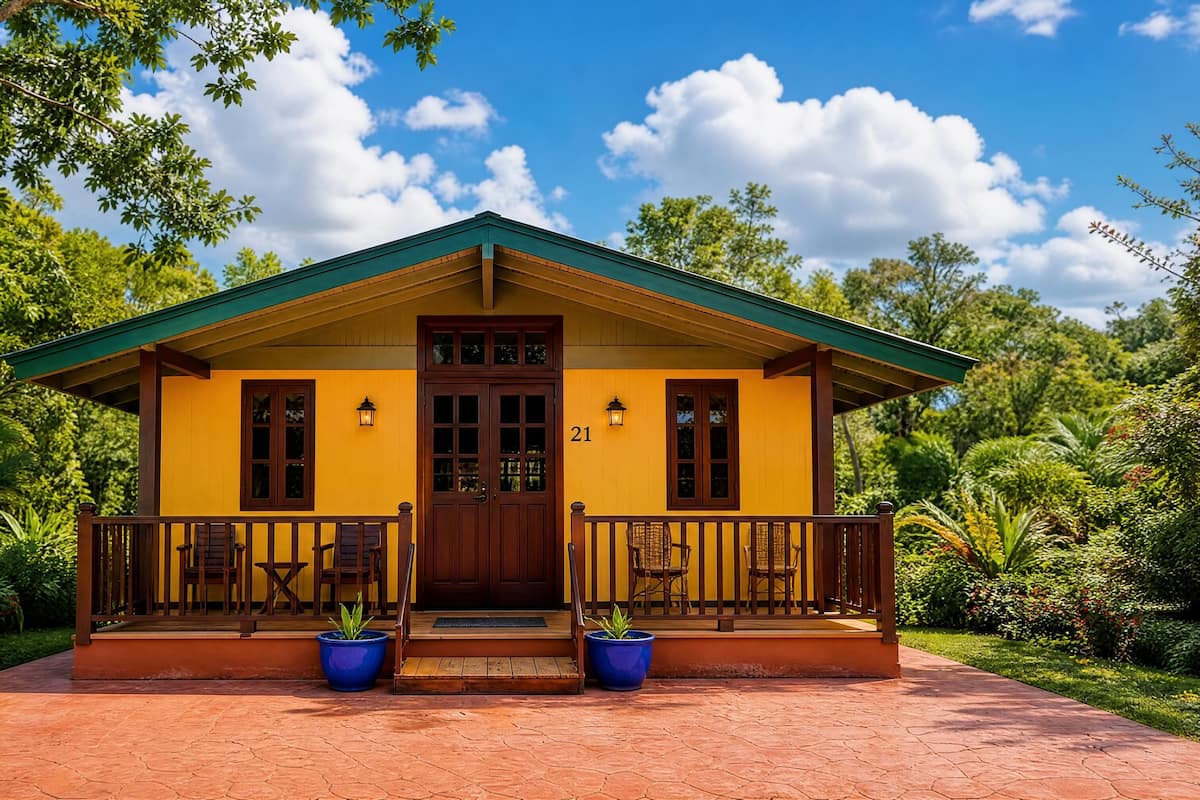 A yellow building with a green roof, a wooden porch with chairs, and a number '21' on the door.