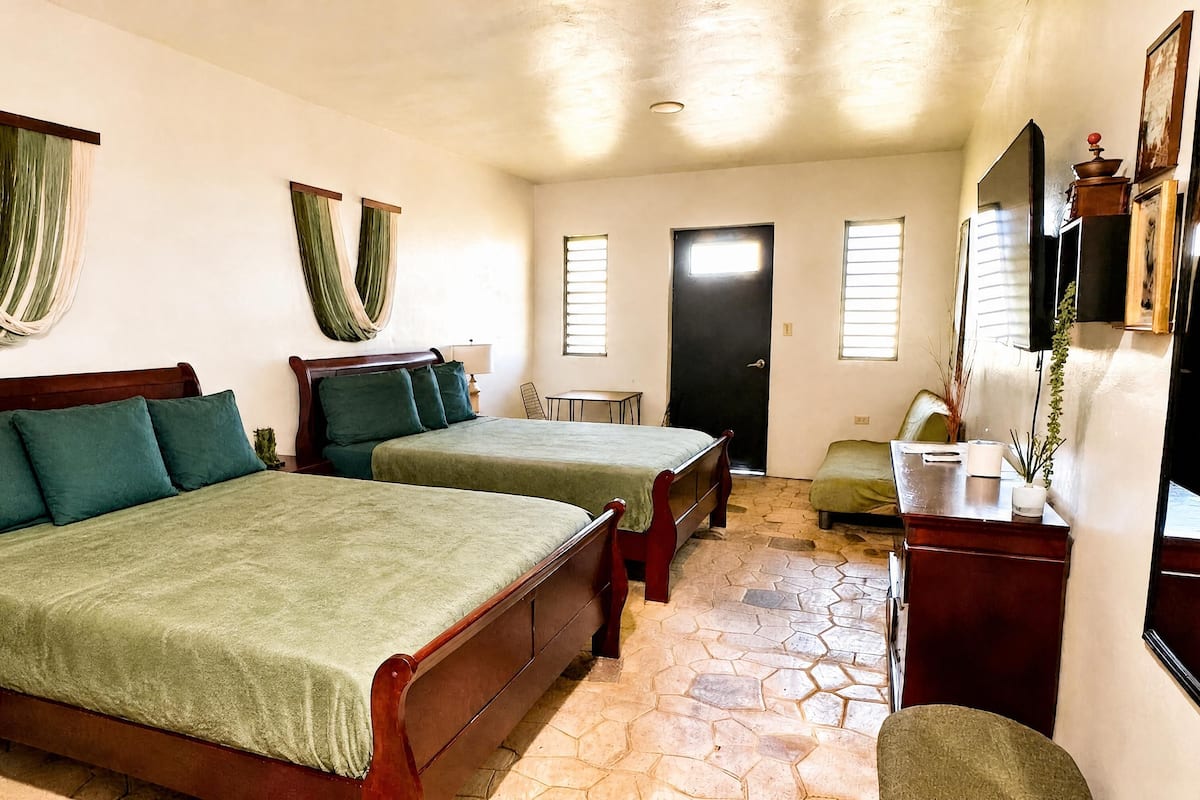 A room with two wooden beds, a desk, a chair, a TV, and a door.