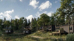 A modern eco-friendly residential area with multiple houses built on stilts, surrounded by dense forest and a clear sky. - Romantic Home in Neufchateau (Neufchateau)